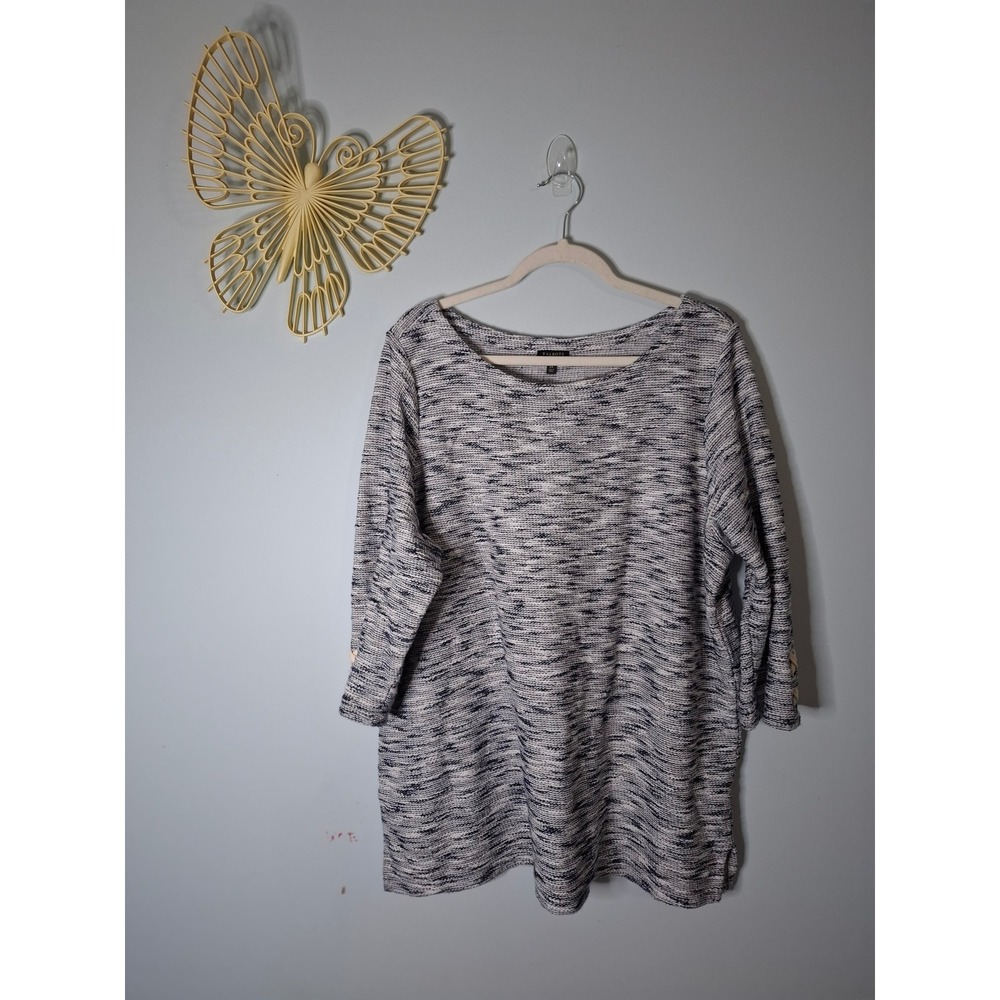 Talbots Plus Metallic Marled Knit Top 2X Navy White Lace Up Cuff Boat Neck